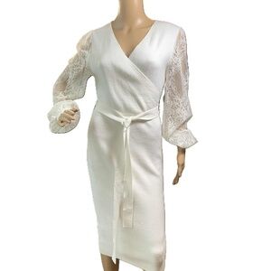 MEROKEETY White Lace Sleeve V-Neck Bodycon Sweater Dress Med Coquette Fairycore